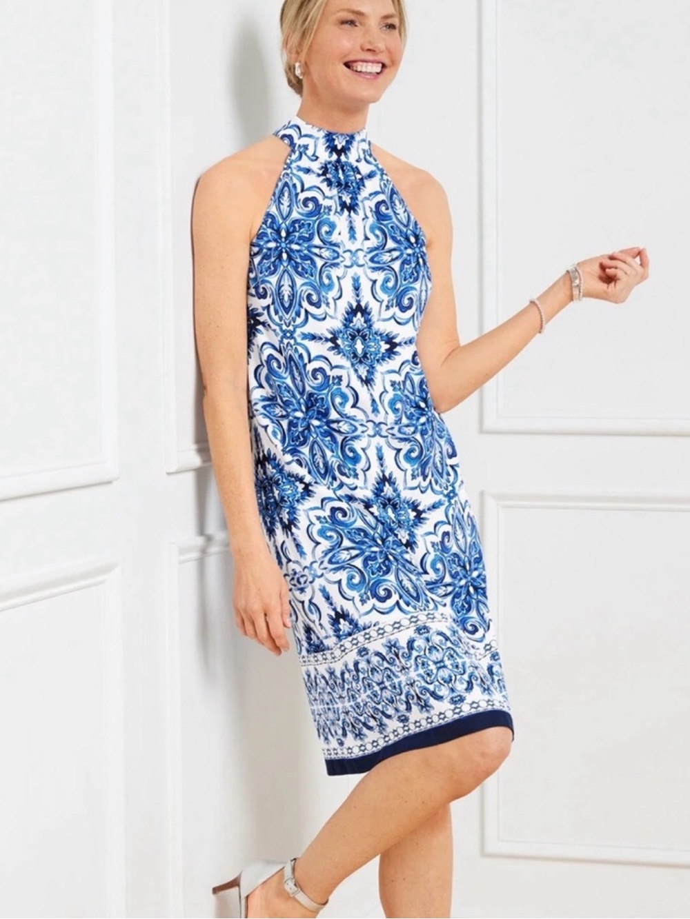 NWT Talbots Halter Medallion Print Shift Dress Blue Resortwear Size 16P 6 Petite